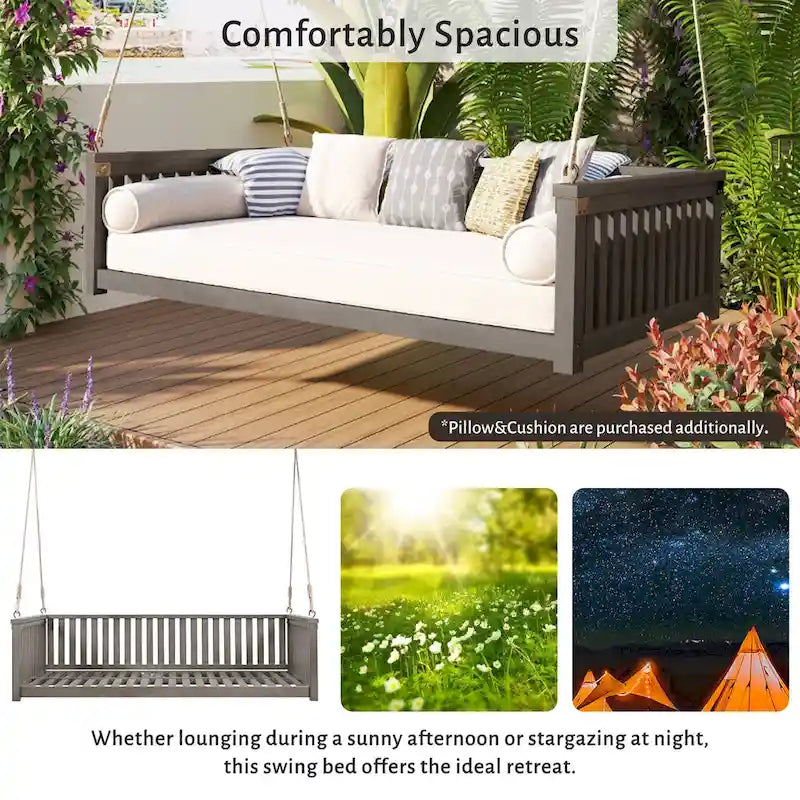 Patio Minimalist Twin Size Garden Swing Bed Wood Porch Swing with Ropes for Backyard, Safe Sloped Design