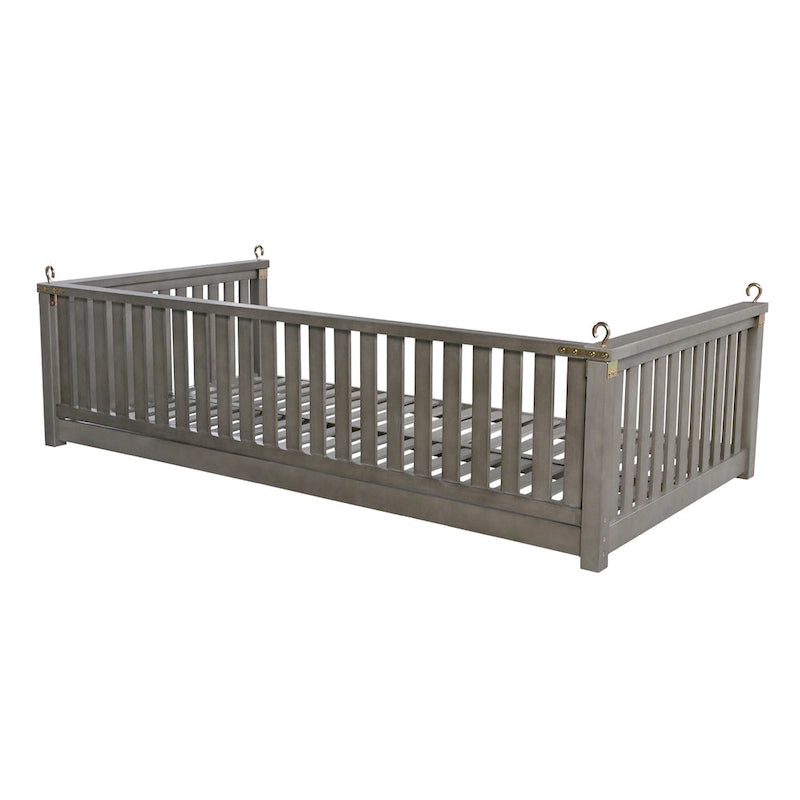 Patio Minimalist Twin Size Garden Swing Bed Wood Porch Swing with Ropes for Backyard, Safe Sloped Design