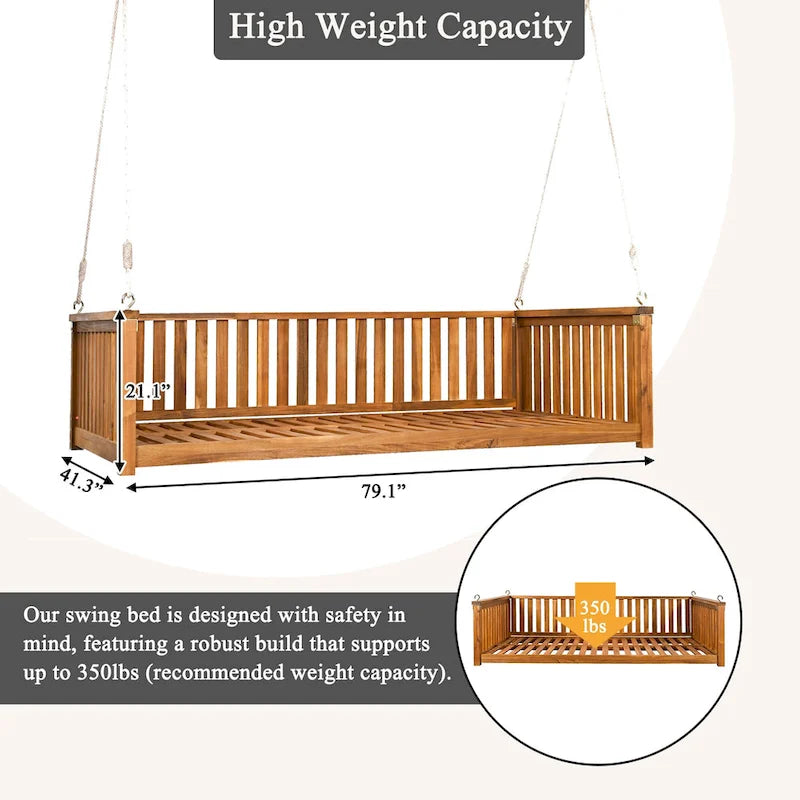 Patio Minimalist Twin Size Garden Swing Bed Wood Porch Swing with Ropes for Backyard, Safe Sloped Design