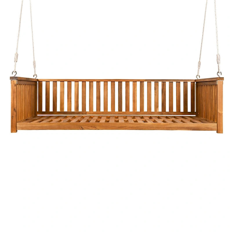 Patio Minimalist Twin Size Garden Swing Bed Wood Porch Swing with Ropes for Backyard, Safe Sloped Design