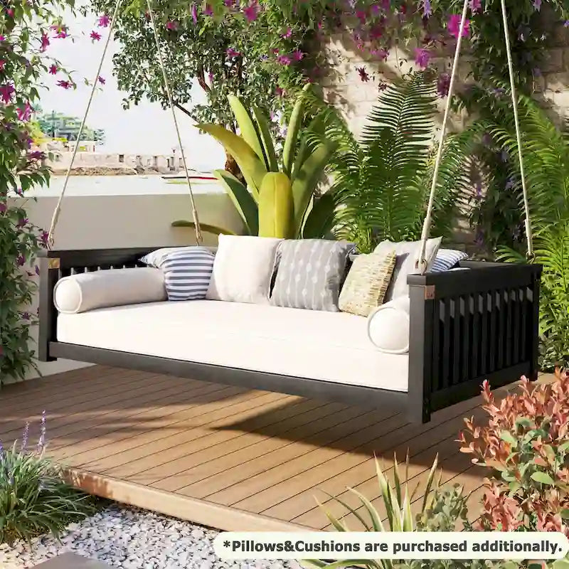 Patio Minimalist Twin Size Garden Swing Bed Wood Porch Swing with Ropes for Backyard, Safe Sloped Design