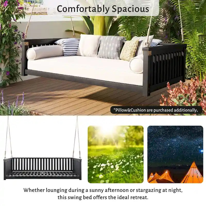 Patio Minimalist Twin Size Garden Swing Bed Wood Porch Swing with Ropes for Backyard, Safe Sloped Design