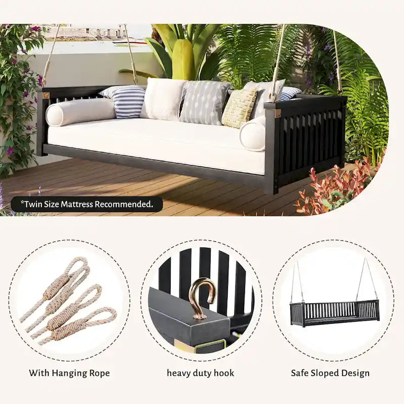 Patio Minimalist Twin Size Garden Swing Bed Wood Porch Swing with Ropes for Backyard, Safe Sloped Design