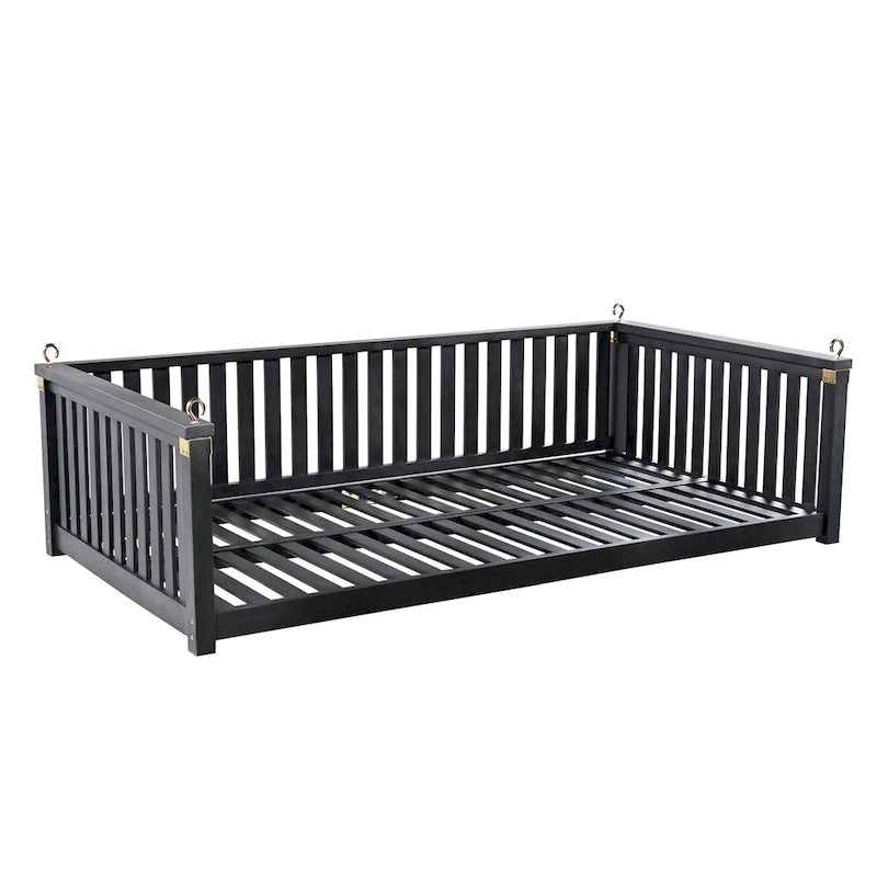 Patio Minimalist Twin Size Garden Swing Bed Wood Porch Swing with Ropes for Backyard, Safe Sloped Design