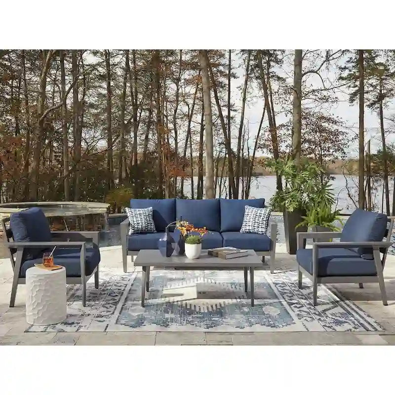 Signature Design by Ashley Gali Gray/Blue Outdoor Sofa/Chairs/Table Set (Set of 4) - 78.25     W x 33.25     D x 36.25     H