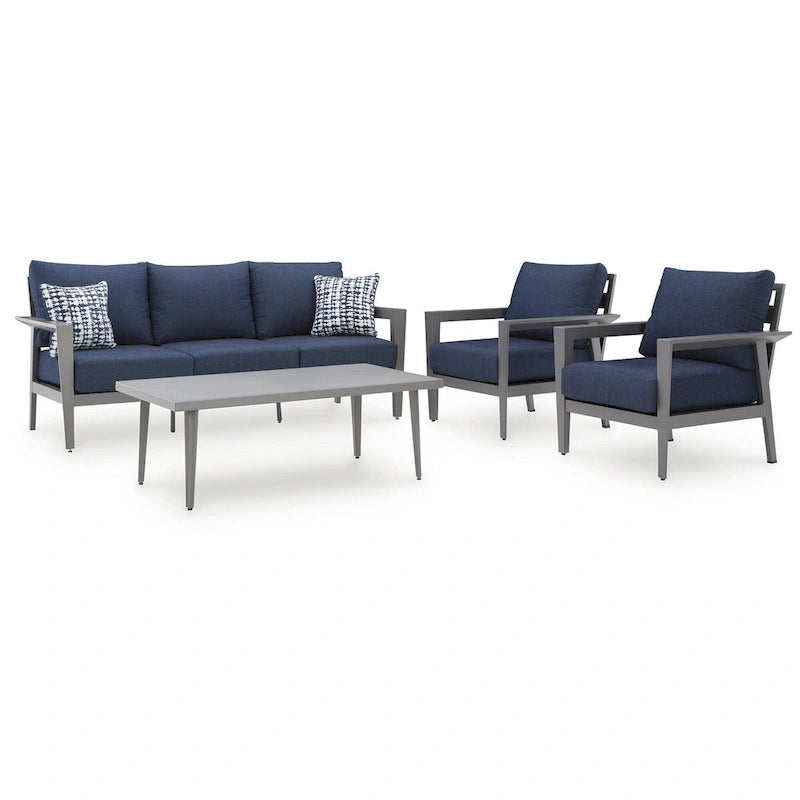 Signature Design by Ashley Gali Gray/Blue Outdoor Sofa/Chairs/Table Set (Set of 4) - 78.25     W x 33.25     D x 36.25     H