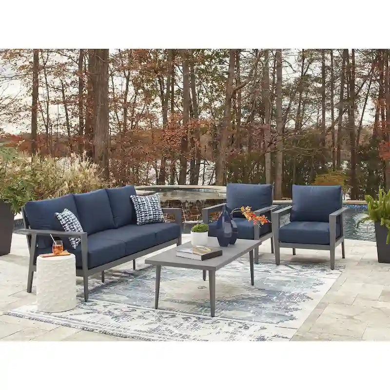 Signature Design by Ashley Gali Gray/Blue Outdoor Sofa/Chairs/Table Set (Set of 4) - 78.25     W x 33.25     D x 36.25     H