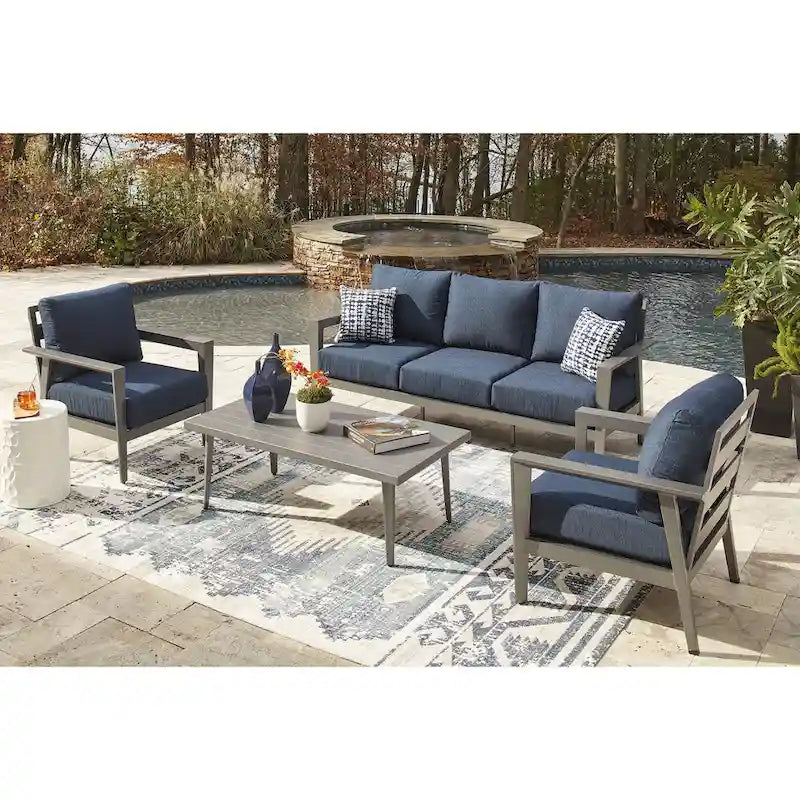 Signature Design by Ashley Gali Gray/Blue Outdoor Sofa/Chairs/Table Set (Set of 4) - 78.25     W x 33.25     D x 36.25     H
