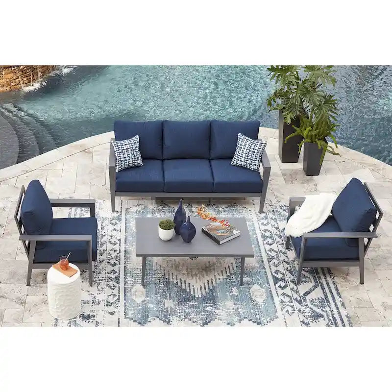 Signature Design by Ashley Gali Gray/Blue Outdoor Sofa/Chairs/Table Set (Set of 4) - 78.25     W x 33.25     D x 36.25     H