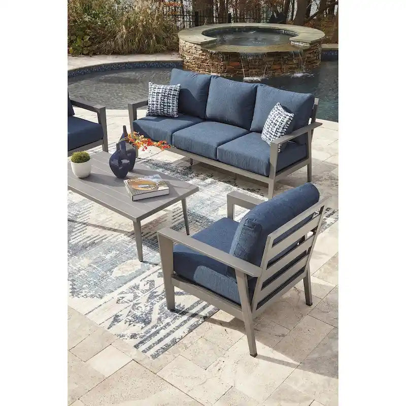 Signature Design by Ashley Gali Gray/Blue Outdoor Sofa/Chairs/Table Set (Set of 4) - 78.25     W x 33.25     D x 36.25     H