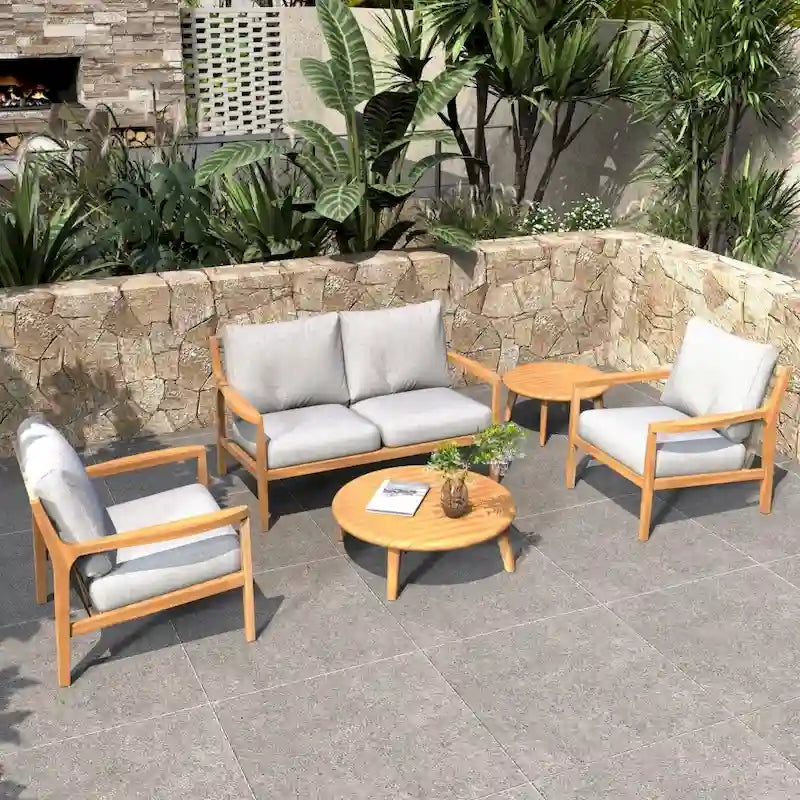 Outdoor Acacia Wood Sofa Set with Removable Waterproof Cushions for Patio