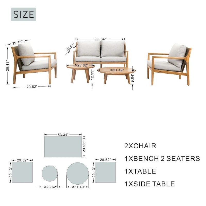 Outdoor Acacia Wood Sofa Set with Removable Waterproof Cushions for Patio