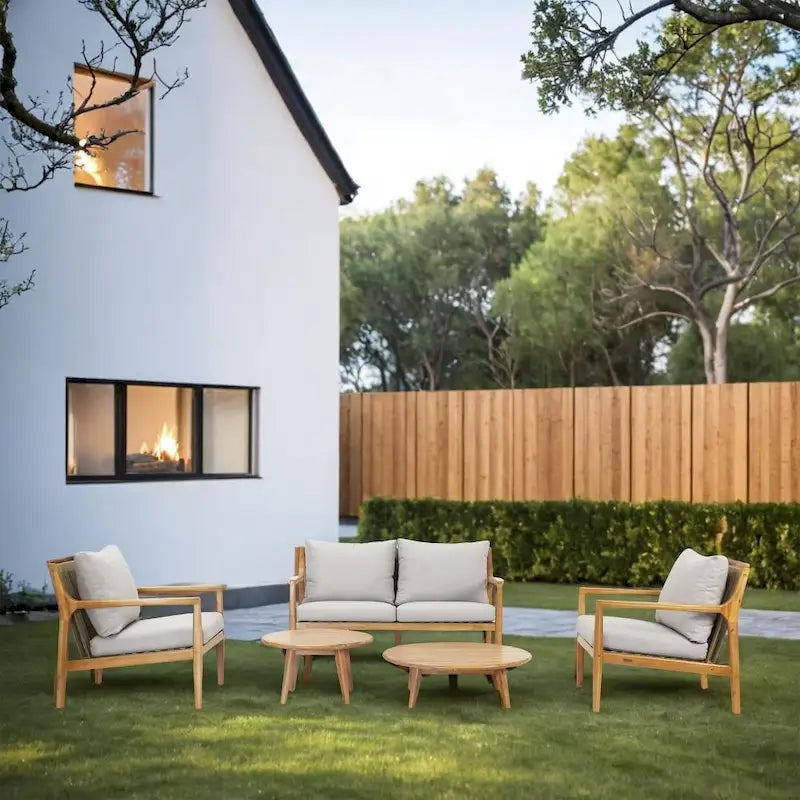 Outdoor Acacia Wood Sofa Set with Removable Waterproof Cushions for Patio