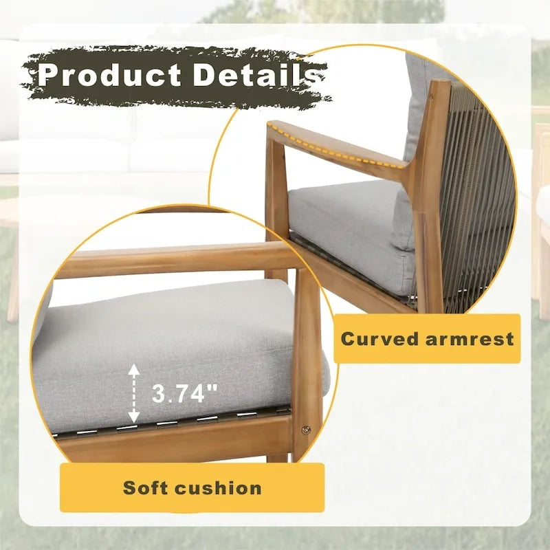 Outdoor Acacia Wood Sofa Set with Removable Waterproof Cushions for Patio