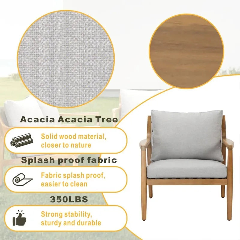 Outdoor Acacia Wood Sofa Set with Removable Waterproof Cushions for Patio