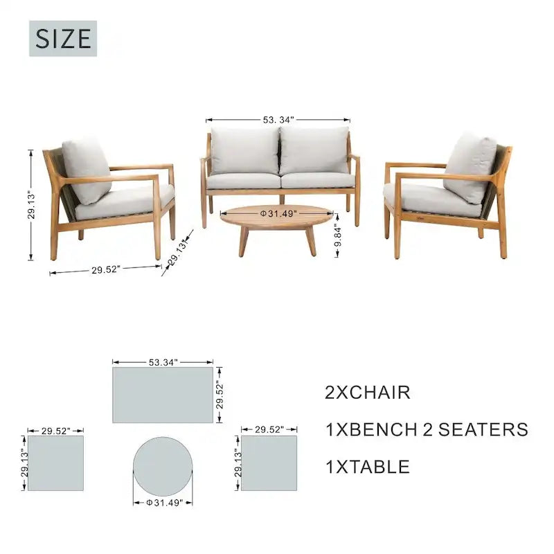 Outdoor Acacia Wood Sofa Set with Removable Waterproof Cushions for Patio