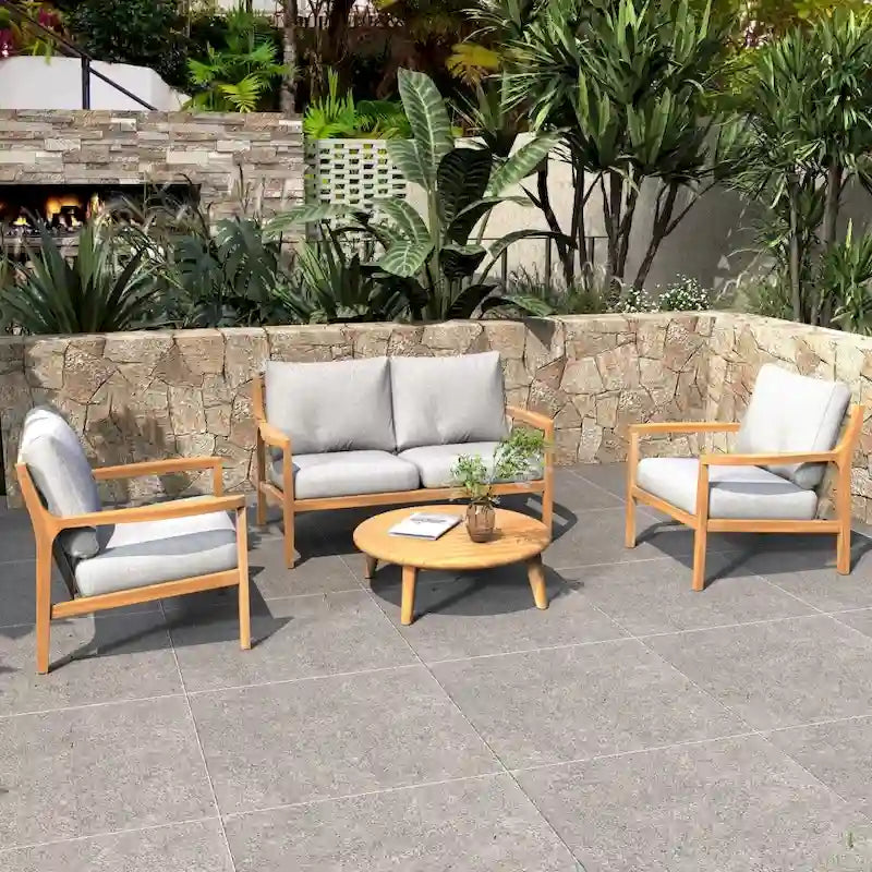 Outdoor Acacia Wood Sofa Set with Removable Waterproof Cushions for Patio