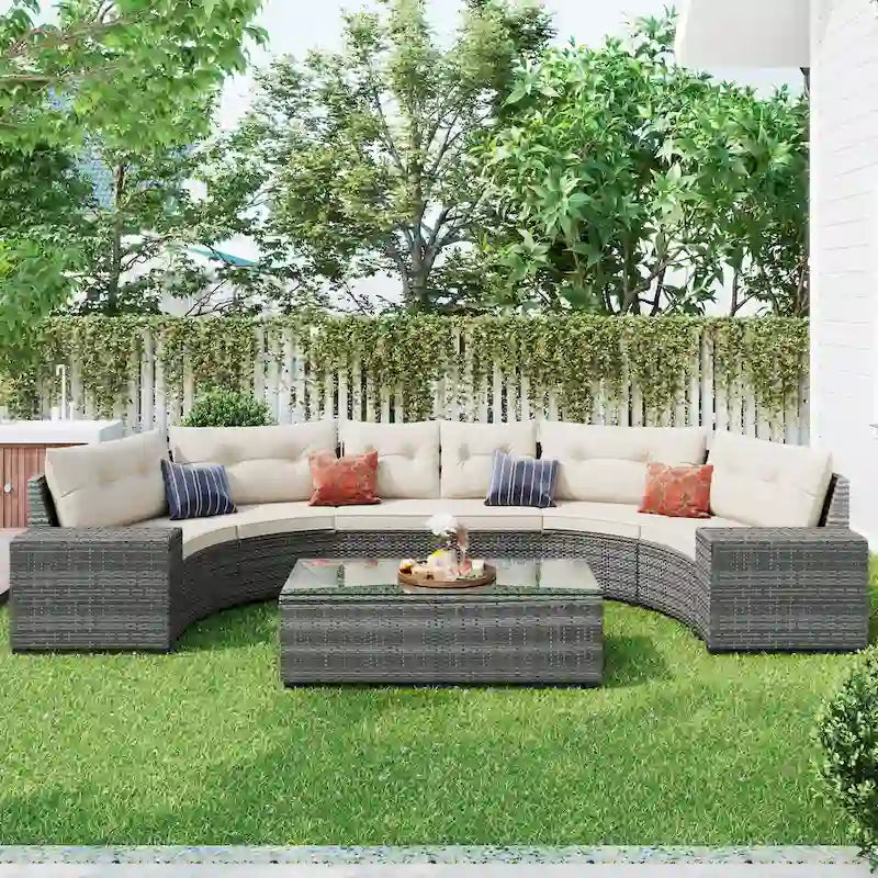 8-Pieces All Weather Wicker Half-Moon Sectional Sets with Rectangular Coffee Table