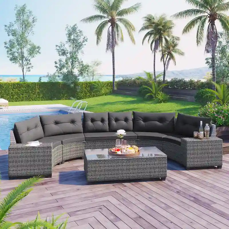 8-Pieces All Weather Wicker Half-Moon Sectional Sets with Rectangular Coffee Table