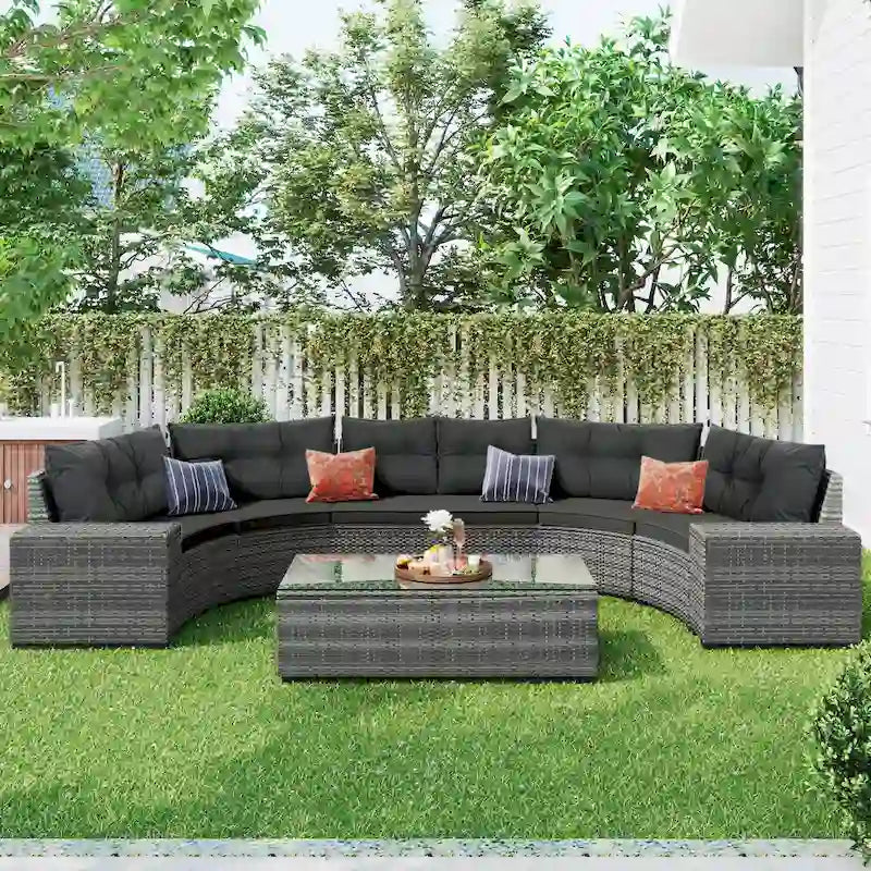 8-Pieces All Weather Wicker Half-Moon Sectional Sets with Rectangular Coffee Table
