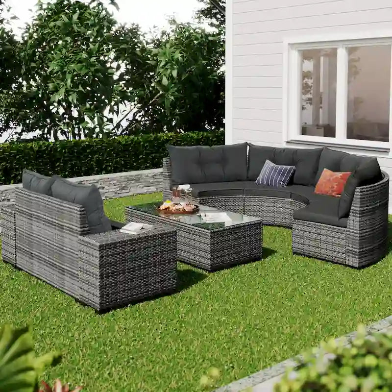 8-Pieces All Weather Wicker Half-Moon Sectional Sets with Rectangular Coffee Table