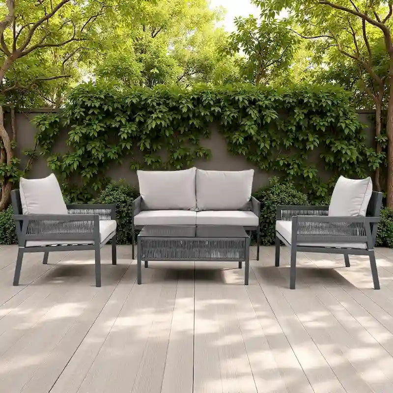 4-Piece Outdoor Patio Rope Conversation Sofa Set with Tempered Glass Table