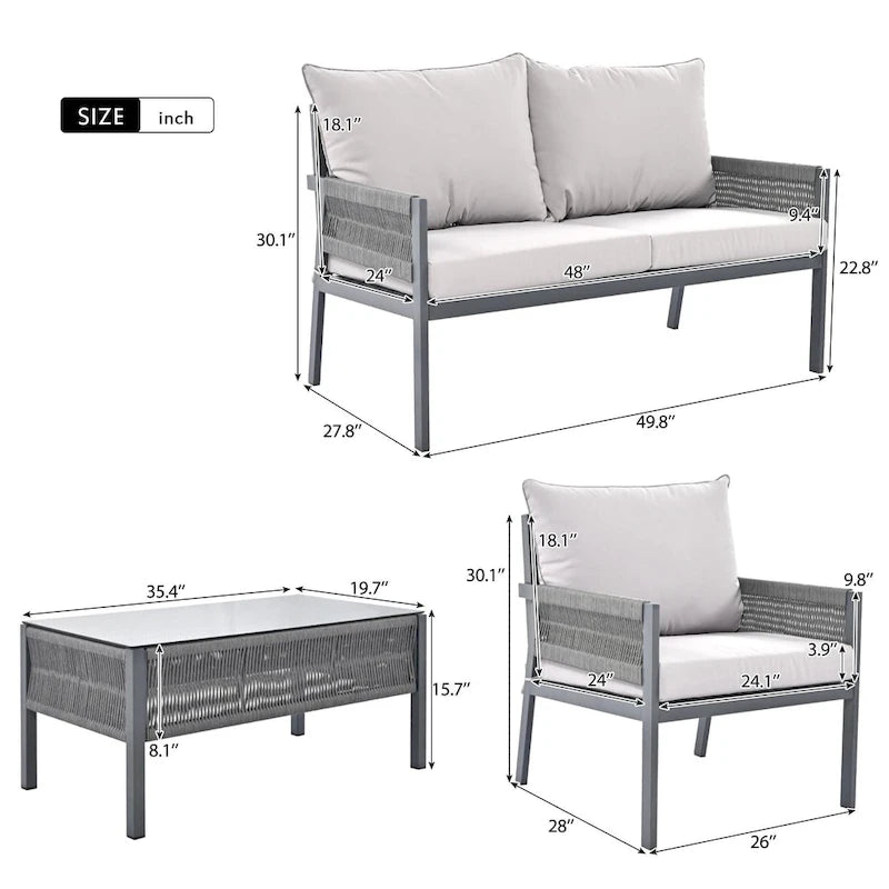 4-Piece Outdoor Patio Rope Conversation Sofa Set with Tempered Glass Table