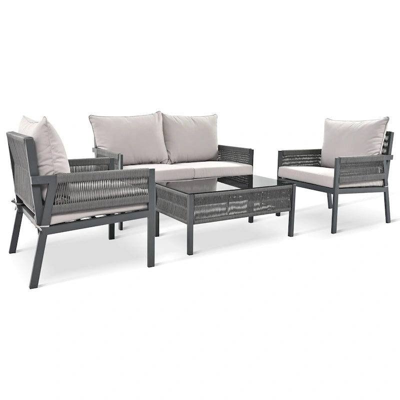4-Piece Outdoor Patio Rope Conversation Sofa Set with Tempered Glass Table