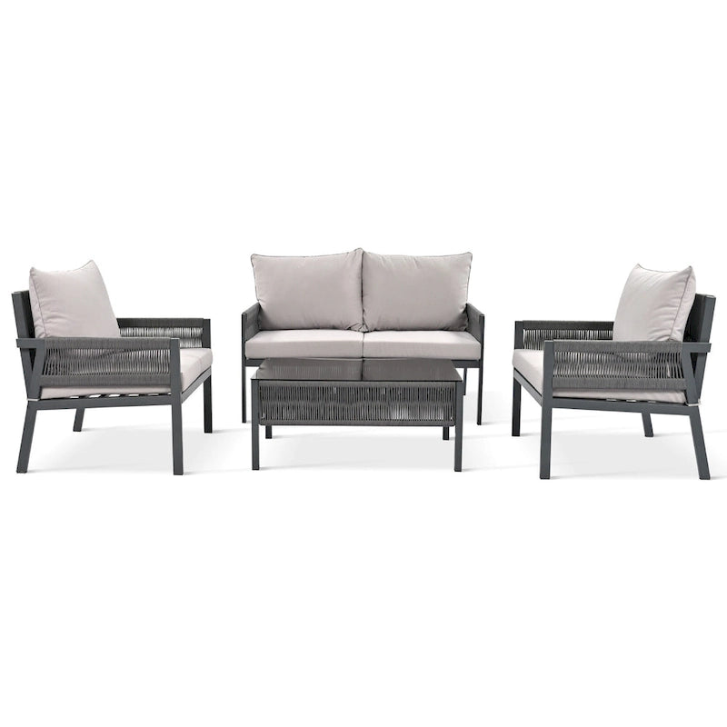 4-Piece Outdoor Patio Rope Conversation Sofa Set with Tempered Glass Table