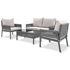 4-Piece Outdoor Patio Rope Conversation Sofa Set with Tempered Glass Table