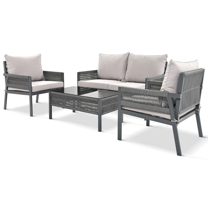4-Piece Outdoor Patio Rope Conversation Sofa Set with Tempered Glass Table