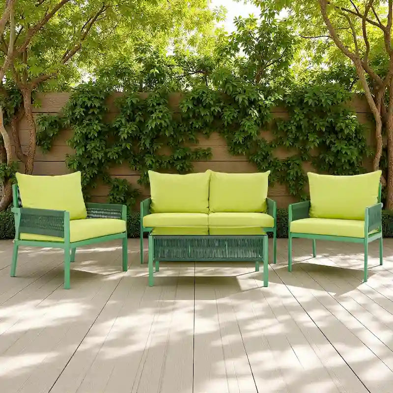 4-Piece Outdoor Patio Rope Conversation Sofa Set with Tempered Glass Table