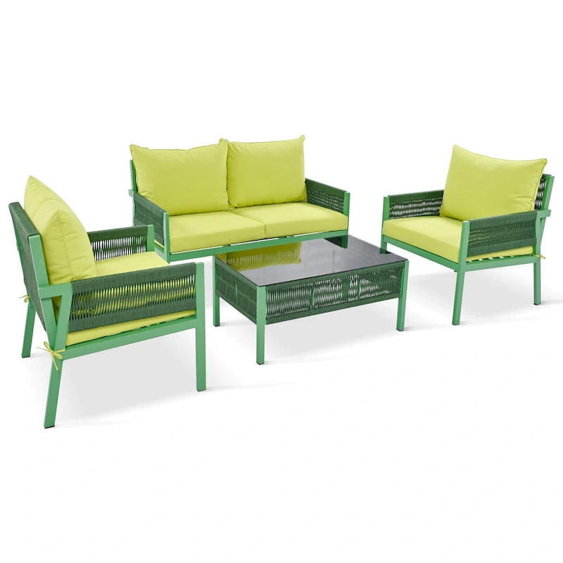 4-Piece Outdoor Patio Rope Conversation Sofa Set with Tempered Glass Table