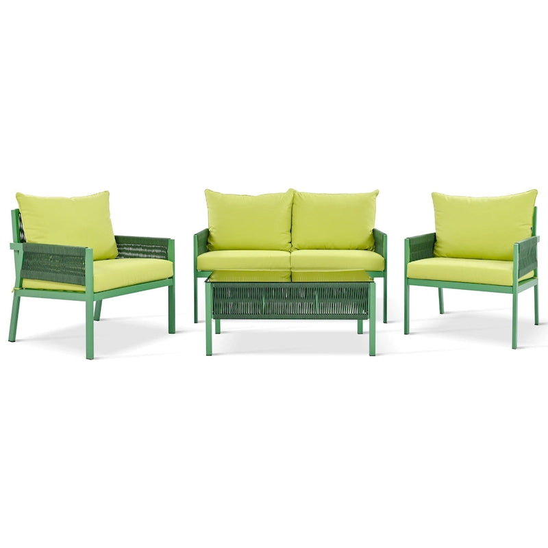 4-Piece Outdoor Patio Rope Conversation Sofa Set with Tempered Glass Table