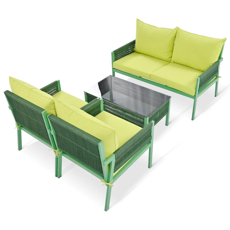 4-Piece Outdoor Patio Rope Conversation Sofa Set with Tempered Glass Table