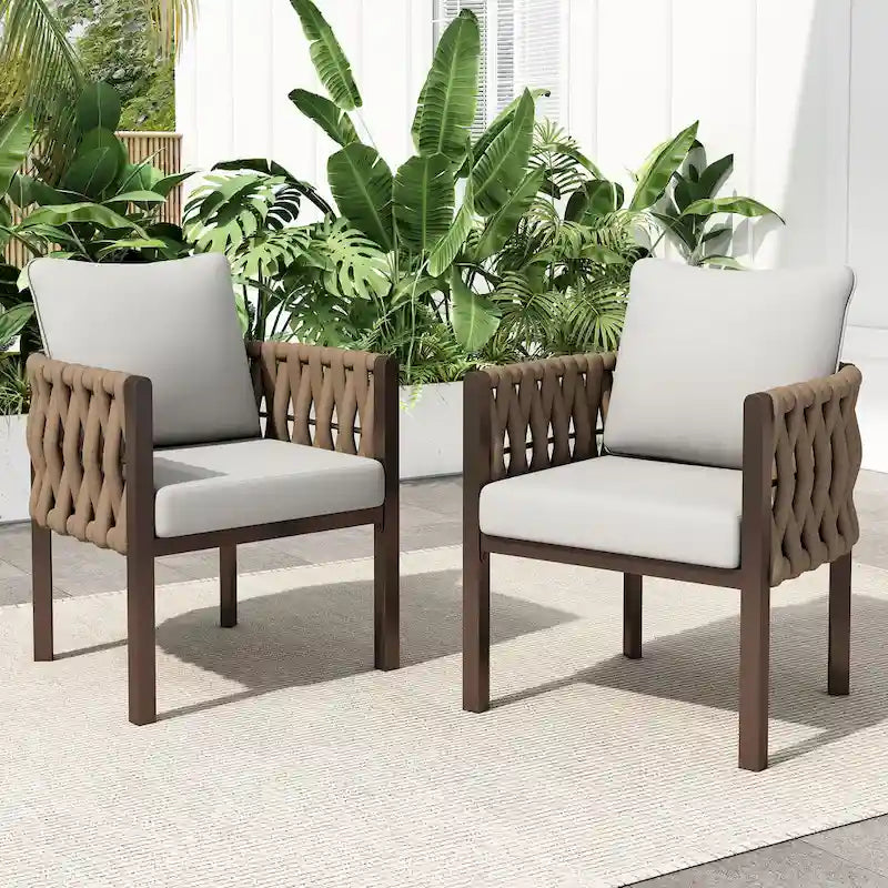 Roomfitters Set of 2 Outdoor Metal Patio Club Chairs with Cushions, Deep Seating Garden Furniture with Arms, Brown+Gray