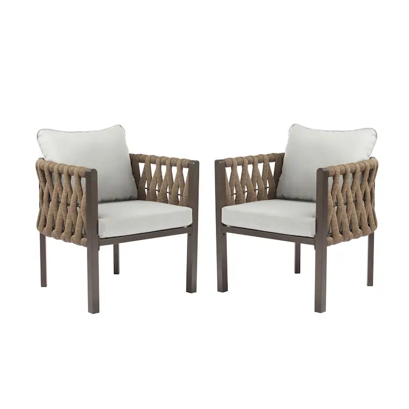 Roomfitters Set of 2 Outdoor Metal Patio Club Chairs with Cushions, Deep Seating Garden Furniture with Arms, Brown+Gray