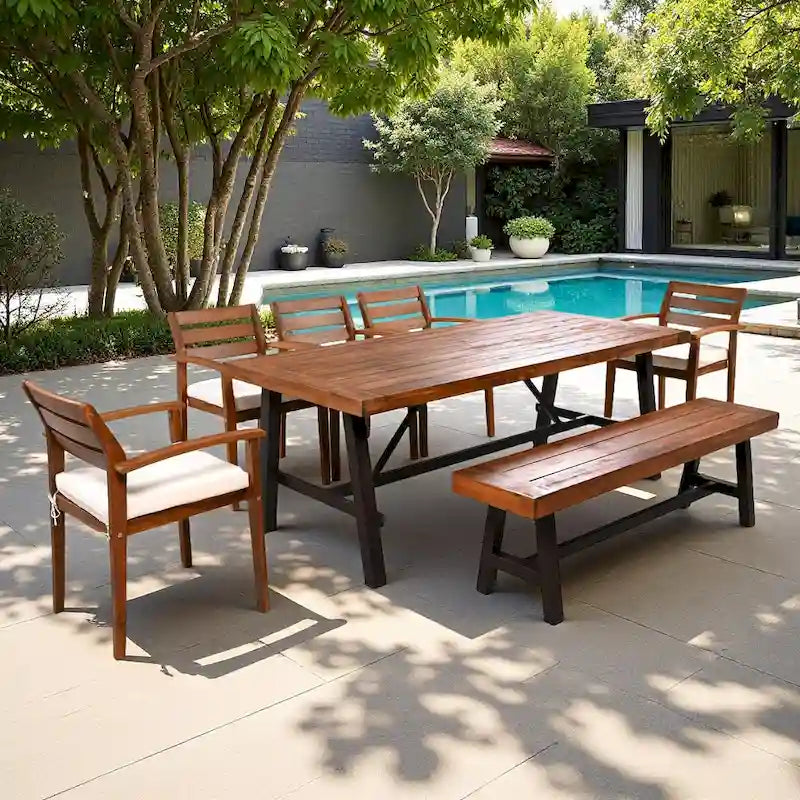 7-Piece Outdoor Patio Acacia Wood Dining Set with Removable Cushions and Bench