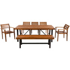 7-Piece Outdoor Patio Acacia Wood Dining Set with Removable Cushions and Bench