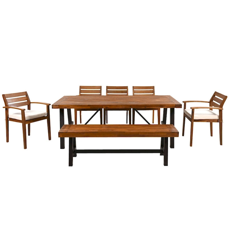 7-Piece Outdoor Patio Acacia Wood Dining Set with Removable Cushions and Bench
