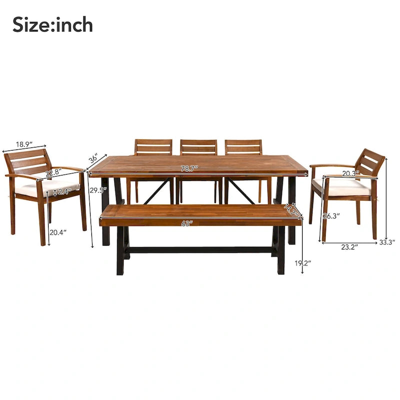 7-Piece Outdoor Patio Acacia Wood Dining Set with Removable Cushions and Bench