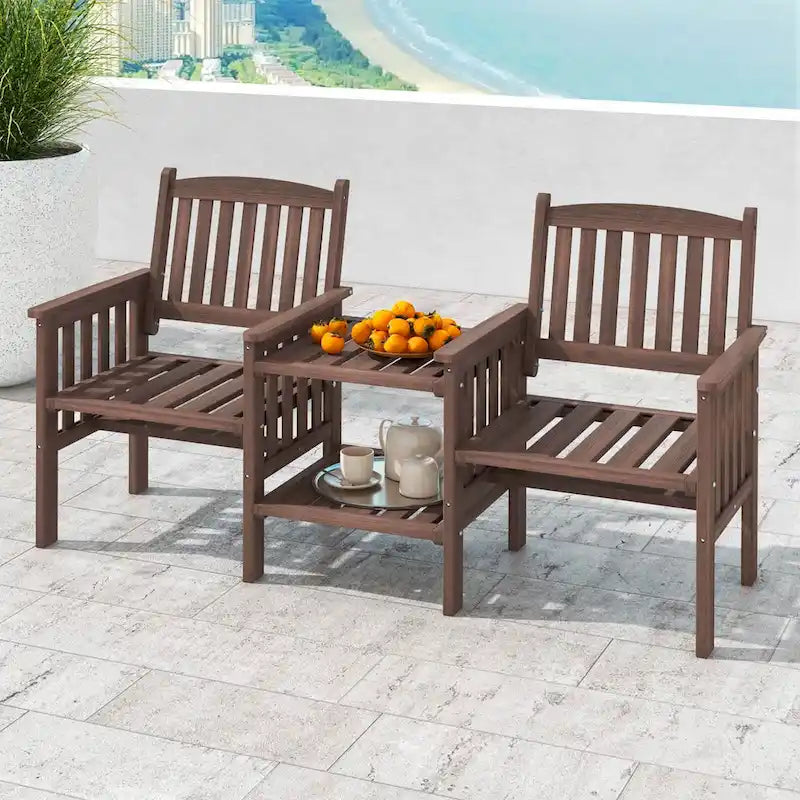 Costway Outdoor Fir Wood Loveseat with 2-Tier Side Table and 1.96     - See Details