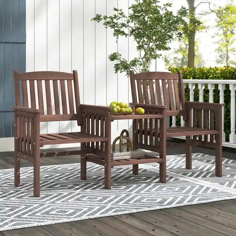 Costway Outdoor Fir Wood Loveseat with 2-Tier Side Table and 1.96     - See Details