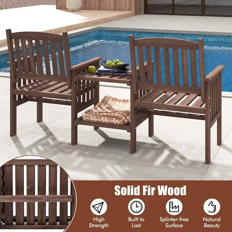 Costway Outdoor Fir Wood Loveseat with 2-Tier Side Table and 1.96     - See Details