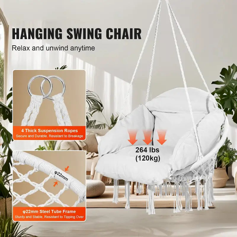 Hanging Hammock Swinging Chair with Cushion for Patio, Bedroom, or Balcony - 31.5 x 24.6 x 31.5 Inch