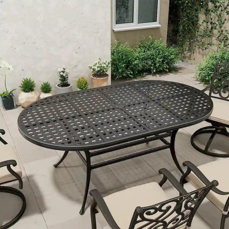 72     Outdoor Dining Table Cast Aluminum Classic Lattice Elliptical Shape Patio Table with Umbrella Hole