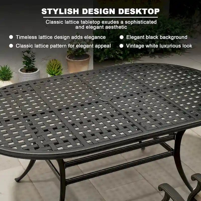 72     Outdoor Dining Table Cast Aluminum Classic Lattice Elliptical Shape Patio Table with Umbrella Hole