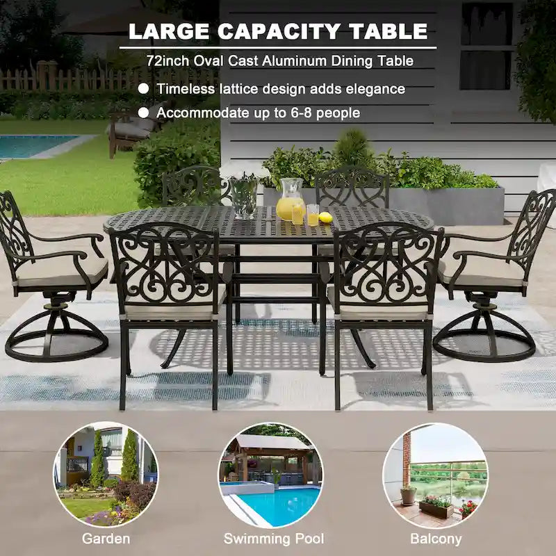 72     Outdoor Dining Table Cast Aluminum Classic Lattice Elliptical Shape Patio Table with Umbrella Hole
