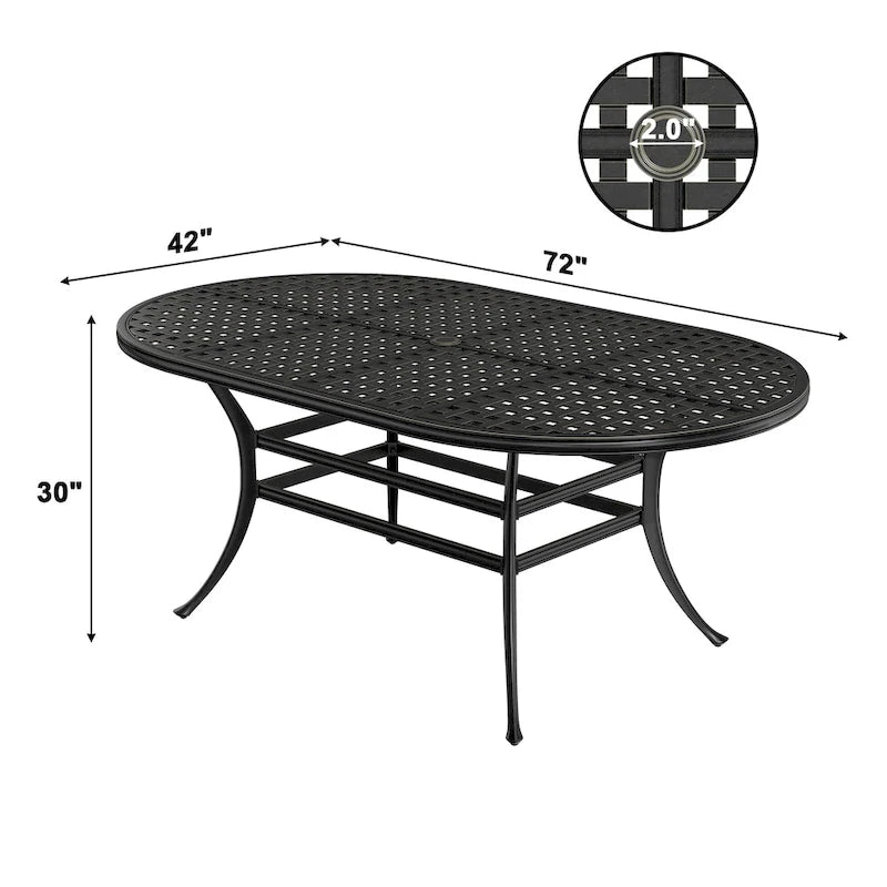 72     Outdoor Dining Table Cast Aluminum Classic Lattice Elliptical Shape Patio Table with Umbrella Hole