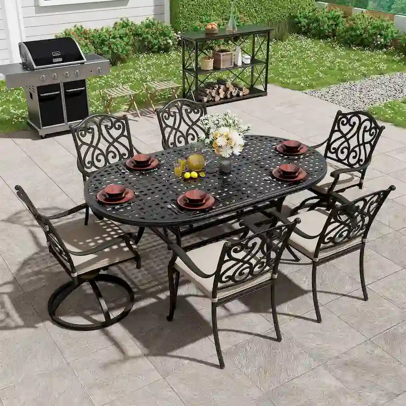 72     Outdoor Dining Table Cast Aluminum Classic Lattice Elliptical Shape Patio Table with Umbrella Hole
